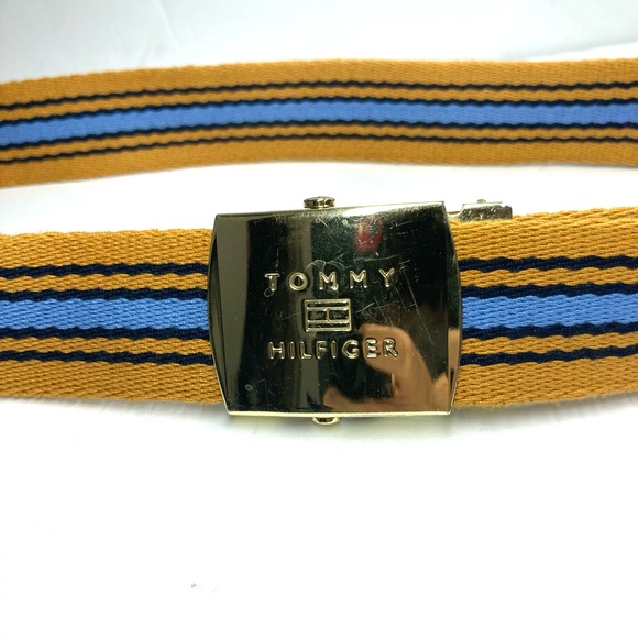 Tommy Hilfiger Canvas Ratchet Gold Buckle Belt yellow Blue Striped Ajustable - Picture 6 of 16